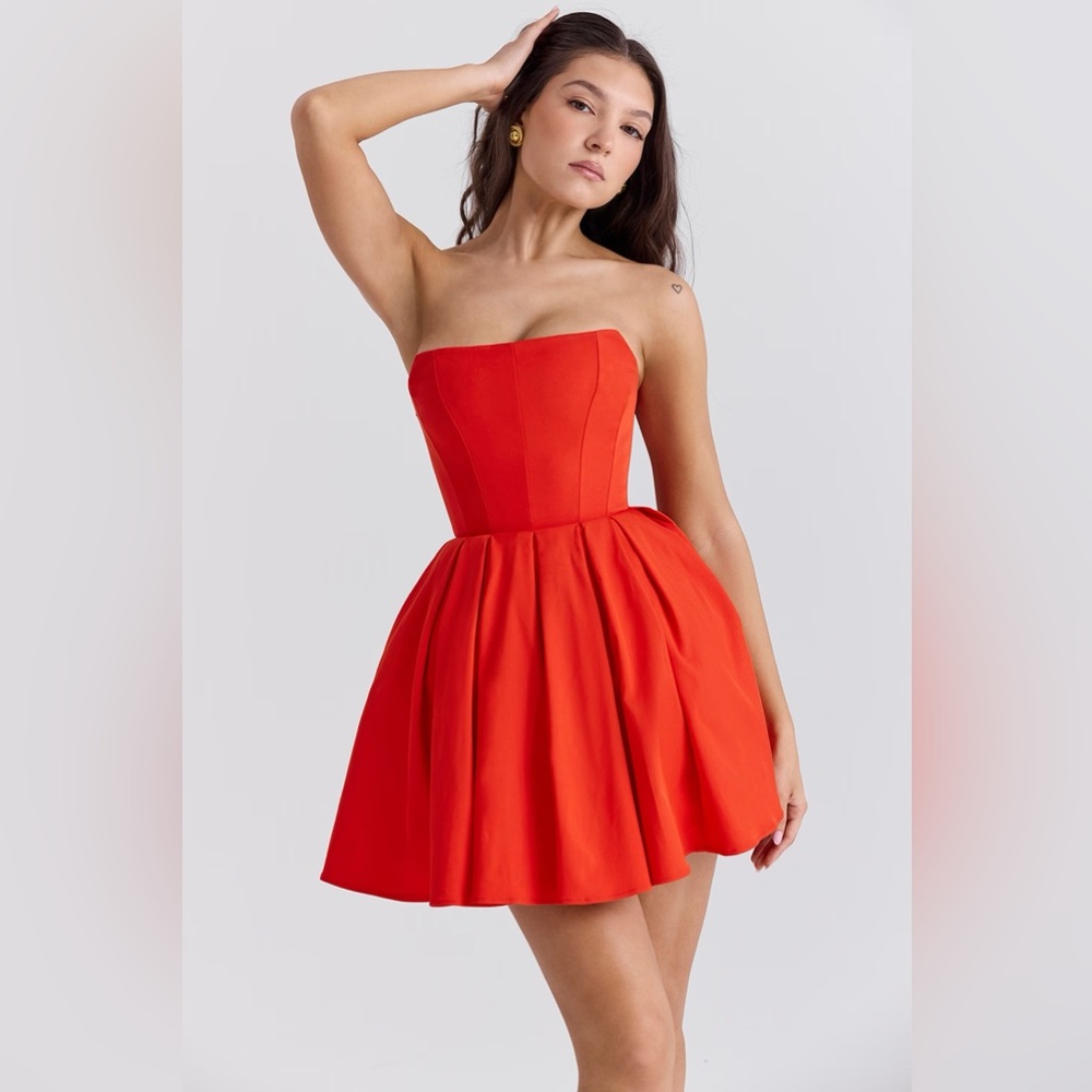 House of CB Emmanuela Italian Tomato Red Strapless Pleated Mini Dress (Small) - Picture 1 of 5